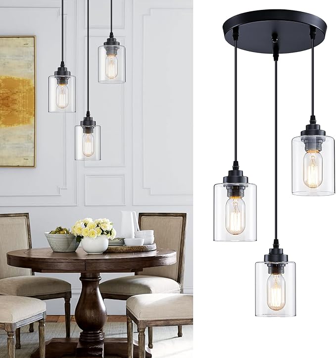 3-Light Pendant Lighting,3 Pendant Light Fixture for Kitchen Island,Dining Lamp Ceiling Hanging,with Adjustable Cord and Glass Shade for Farmhouse Living Dining Room Bar,Black