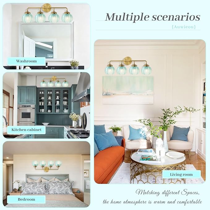 4 Light Gold Bathroom Lights Over Mirror, Vintage Wall sconces with Blue Glass Shade Bathroom Vanity Light mid Century Modern Wall Sconce Glass Wall Lighting Fixture for Bedroom Living Room