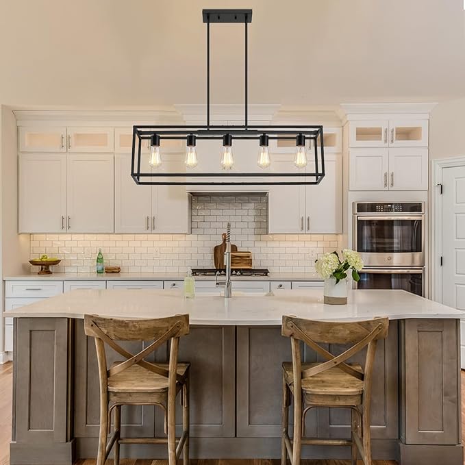 Yusist 5-Light Dining Room Light Fixture,Black Farmhouse Kitchen Island Lighting,Rustic Pendant Light Over Table with Adjustable Rods,Modern Linear Chandeliers for Dining Room Kitchen Island