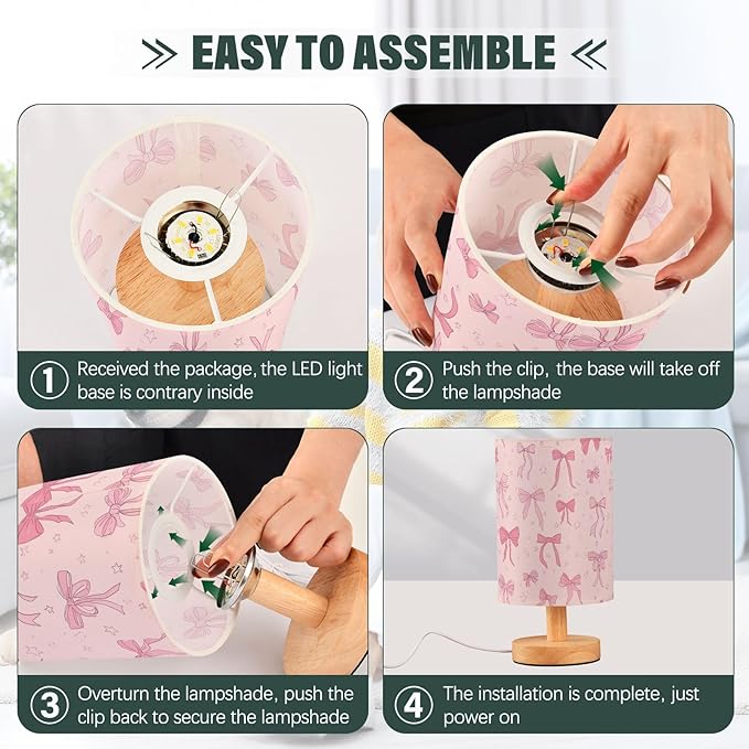 Aslsiy Cute Coquette Ribbon Bow Bedside Table Lamp Pink Star Nightstand Lamp Night Light Fabric Shade for Bedroom Living Room Home Office