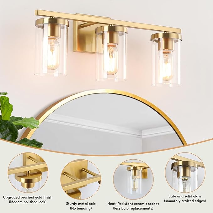 20in Bathroom Light Fixture Over Mirror, 3-Light Gold Vanity Lights with Clear Glass Shades, Modern Wall Sconces for Living Room, Bedroom, Hallway, E26 Base