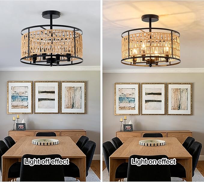 4 Light Rattan Ceiling Light Fixture 15inch Boho Semi Flush Mount Ceiling Light Black Hand-Woven Cage Wicker Chandelier for Dinning Room Living Room Bedroom Farmhouse Hallway Kitchen