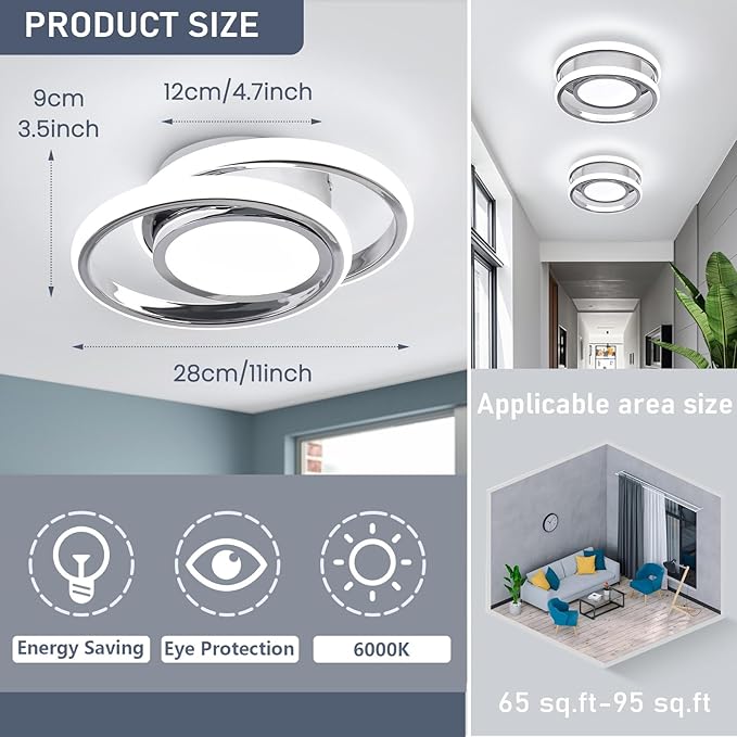 CANEOE 2 Packs Small Modern LED Ceiling Light,2 Rings Creative Design Ceiling Lamp Indoor Hallway Lighting Fixtures for Hallway Living Room Bedroom Kitchen Office (Chrome)