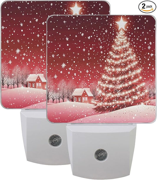Christmas Tree Red Night Light LED Sensor Set of 2 Winter Snow Scene Xmas Table Desk Lamps with Adjustable Brightness Eye-Caring for Home Bedroom Office Parlour