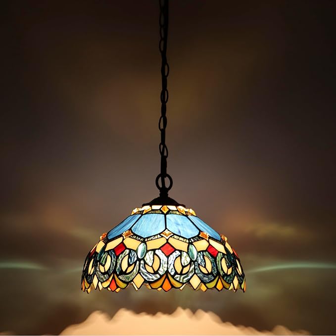 Tiffany Pendant Light Plug in Stained Glass Hanging lamp 12X12X181 Inch Hanging Lamp Living Room Bedroom Kitchen Dining Room Office（Blue Baroque Style