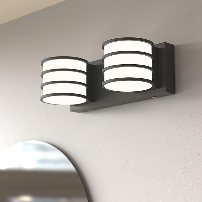 LED Bathroom Vanity Light - 12.6 Inch Black 2-Light Fixture with White Acrylic Shades, 6000K Cool White, Mirror Lighting for Bathroom, Bedroom, Hallway, Living Room Wall Sconce