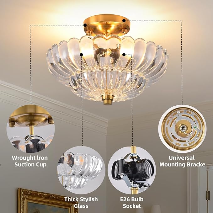 Semi Flush Mount Ceiling Light, 11.8 Inch Gold Vintage Hallway Light Fixture with Transparent Glass, Close to Ceiling Light for Bedroom Kitchen Living Room Bathroom Foyer, E26 Base
