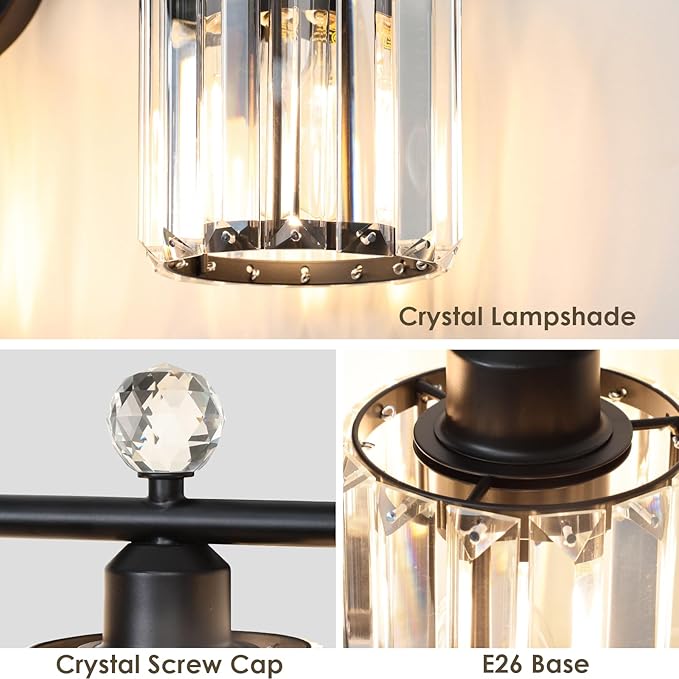 Modern 3 Light Crystal Vanity Light,Black Vertical Bathroom Light Fixture Over Mirror for Dressing Table Sink,Crystal Bathroom Light Fixtures,Compatible with Dimmable Bulbs (Bulbs Not Include)