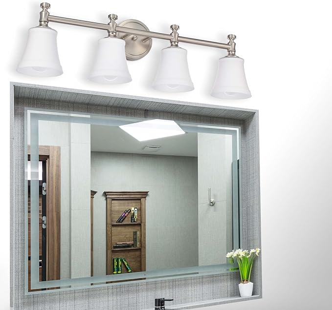 Bathroom Vanity Light Fixtures, Traditional Brushed Nickel 4 Lights Wall Sconce Lighting with Opal Glass Shade, Porch Wall Mount Light Fixture for Bathroom, Mirror Cabinets Hallway Stairs