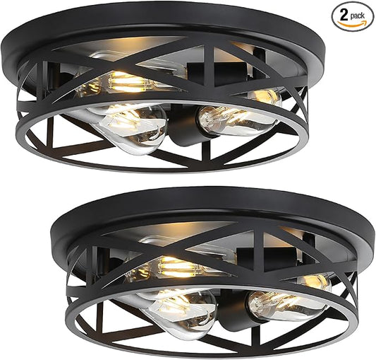 2 Pack Cage Ceiling Light Fixtures, 3-Light Farmhouse Close to Ceiling Lights with Metal, 13 Inch Vintage Ceiling Light for House Indoor Living Room, Kitchen, Entryway and Foyer, Black