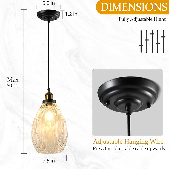 Glass Pendant Light Fixture Kitchen Island Modern Adjustable Chandelier Farmhouse Ceiling Hanging Light for Hallway Porch Kitchen Bedroom Coffee Shop Dining Room Island