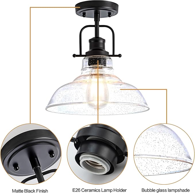 Zlepmlla Flush Mount Ceiling Light Fixture < Bulb NOT Included >, Black Metal Frame Ceiling Light Fixture with Seeded Glass, Farmhouse Light Fixture for Kitchen Island Entryway Porch Foyer