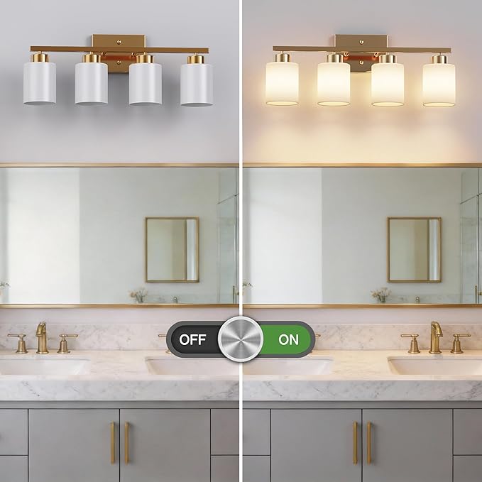 PARTPHONER 4-Light Brushed Gold Bathroom Light Fixtures, Modern Vanity Light Over Mirror Lighting, Wall Sconce with Frosted Milky White Glass Shades for Bedroom Living Room Kitchen Hallway