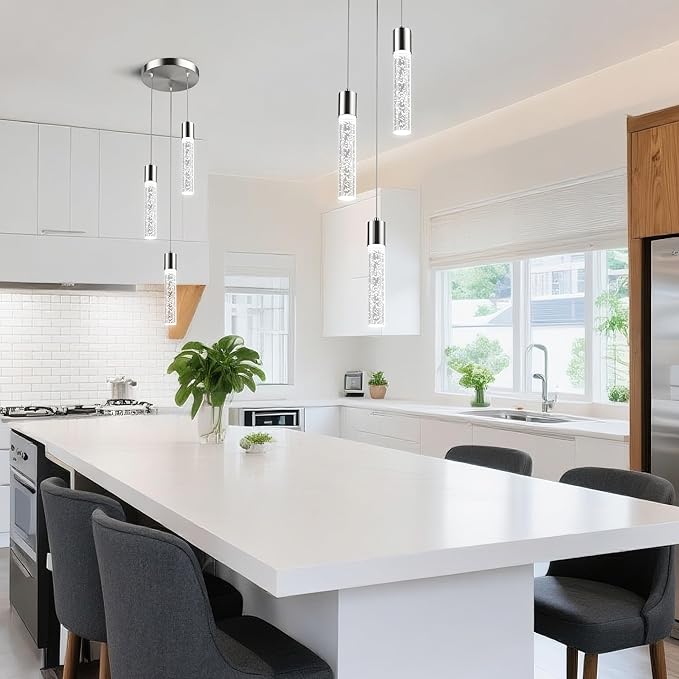 Pendant Lights Kitchen Island, Modern Kitchen Island Lights, Ceiling Lighting Fixtures with Crystal Bubble, Integrated LED Hanging Light Nickel 1 Pack(3-Light)