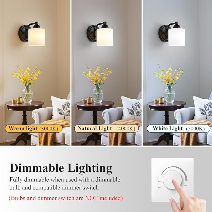 Mecgirn Matte Black Milk Glass Wall Sconces, 1 Pack Hardwired Indoor Wall Light Fixtures for Living Room, Hallway, Bedroom, Ceramic E26 Sockets (Bulbs Not Included)