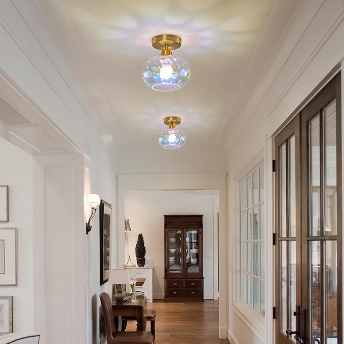Vintage Glass Flush Mount Ceiling Light - 2 Pack，7.9 Inch Rainbow Hammered Glass Hallway Light fixtures Ceiling, Gold Semi Flush Mount Ceiling Light for entryway Foyer Laundry Room Kitchen