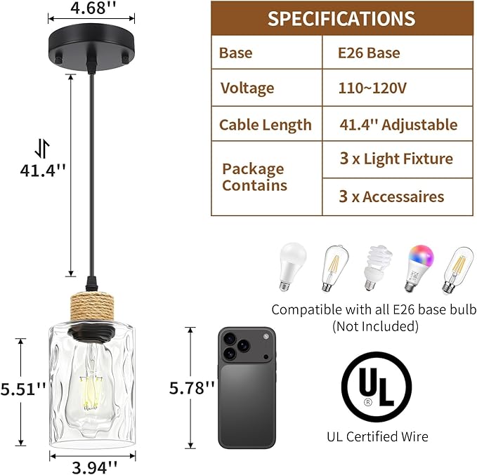 3 Pack Farmhouse Water Ripple Glass Pendant Lights for Kitchen Island, Black Kitchen Pendant Lighting, E26 Hanging Light Fixture for Dining Room, Bedroom, 41" Adjustable Cord, Bulb Not Include