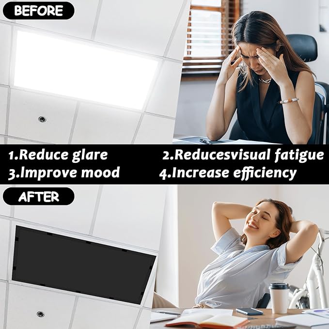 Wiooffen 6 Pcs Fluorescent Light Covers with 60 Magnets Decorative for Classroom Ceiling Light 4x2 Feet Magnetic Filter Easy Install for Office Hospitals & Home Drop Ceiling Supplies(Black)