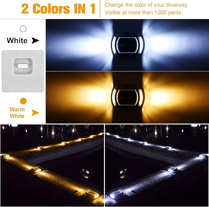 VOLISUN Solar Driveway Lights Dock Deck Lights 4-Pack,2 Colors in 1,LED Solar Powered Waterproof Outdoor Warning Step Light for Driveway Sidewalk Pathway (White/Warm White),Auto On/Off