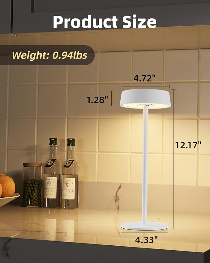 Cordless Lamp, Rechargeable Table Lamp, Battery Operated, RGB Dimmable Touch Control, 3 Color Temperatures, LED Memory Function, Portable Outdoor Waterproof, Restaurant Dining Patio Kitchen, White 1Pc
