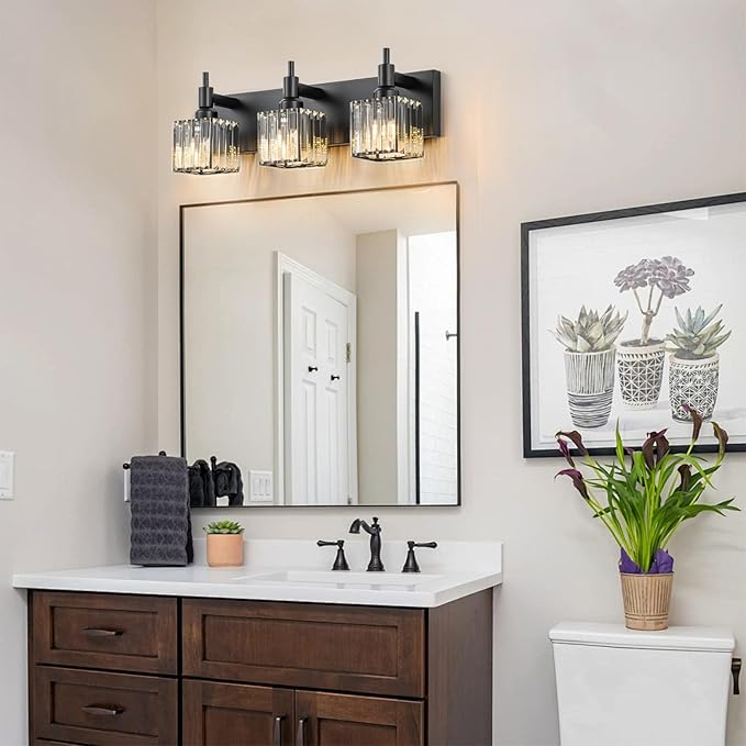 Black Crystal Bathroom Vanity Light 3-Light Modern Bathroom Lighting Fixtures Over Mirror, Black Wall Sconce Light Fixtures with Square Shade