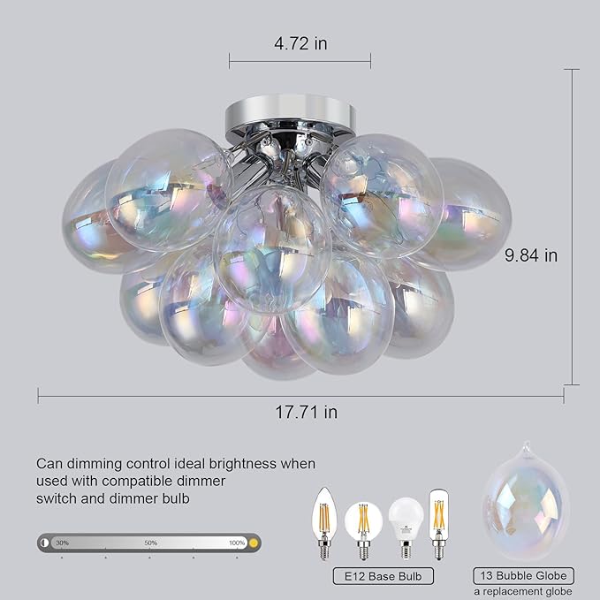 GoYeel Glass Bubble Chandelier Lighting Colorful Bedroom Ceiling Light Chandelier Modern Mid Century Light Fixtures Ceiling Mount Flush Mounts with 13 Globe for Kid Room Girls Room Foyer Living Room