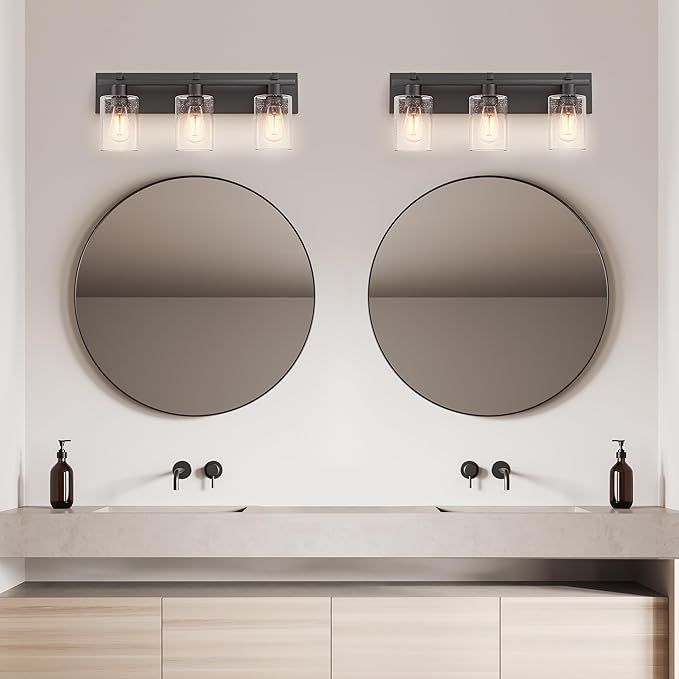 Espird Bathroom Vanity Light,3 Light Matte Black Light Fixture with Thickened Seeded Glass Shade, 21 inch Modern Wall Sconce,Vanity Light Over Mirror for Bathroom
