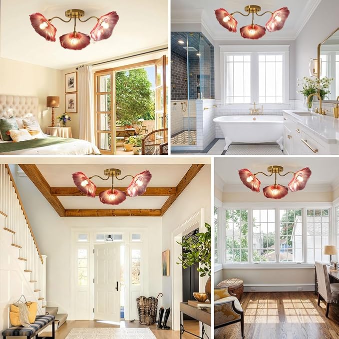Pink Flower Chandelier 3-Lights Mid Century Modern Ceiling Light Glass Close to Ceiling Light Fixtures Sputnik Flush Mount Chandeliers Gold Brass Chandelier for Dining Living Room