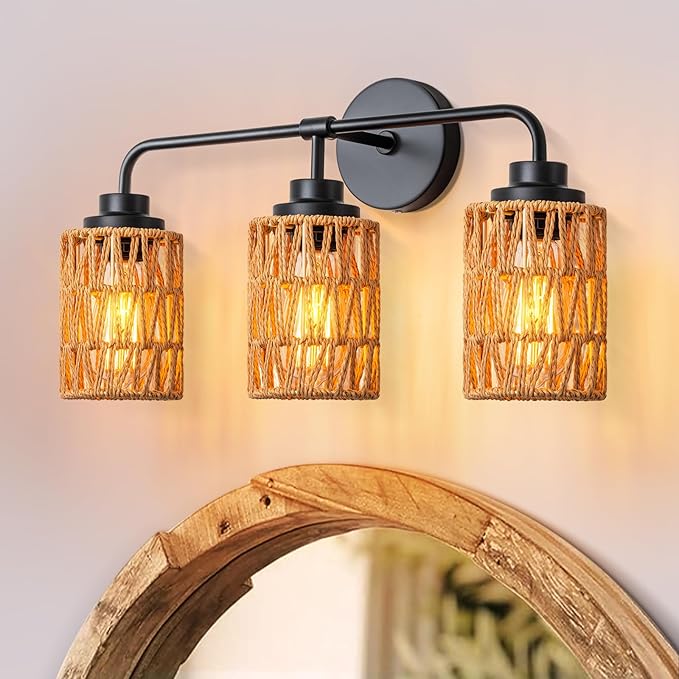 3-Light Bathroom Light Fixtures Vanity Lights Over Mirror, Rustic Farmhouse Rattan Wall Sconce with Boho Hand Woven Wall Lamp Natural Style Wall Mounted Light Vanity Lighting for Bedroom Hallway