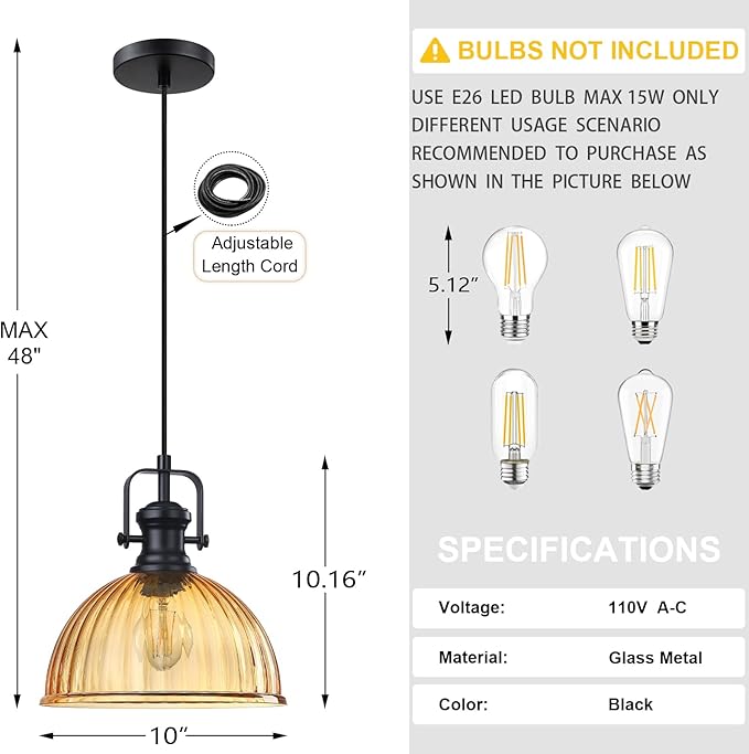 Leading Lighting 1 Light Pendant Light Hanging Modern Farmhouse Indoor Fixture 10" Gold Textured Glass Black Finish Dinning Over Sink Kitchen Island