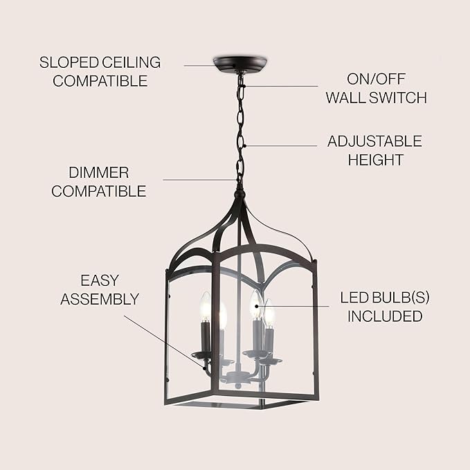 JONATHAN Y 11" Oil Rubbed Bronze 4-Light Traditional Lantern Pendant Light, Metal and Clear Glass Shade, Classic Chandelier for Foyer, Kitchen Island, LED Bulbs Included JYL7403A
