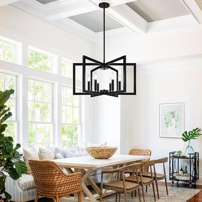 25" Modern Matte Black Chandelier for Dining Room, No Assembly Required Black Dining Room Light Fixture Over Table, Industrial Metal Hanging Pendant Lights Fixture for Kitchen Island, Entryway, Foyer