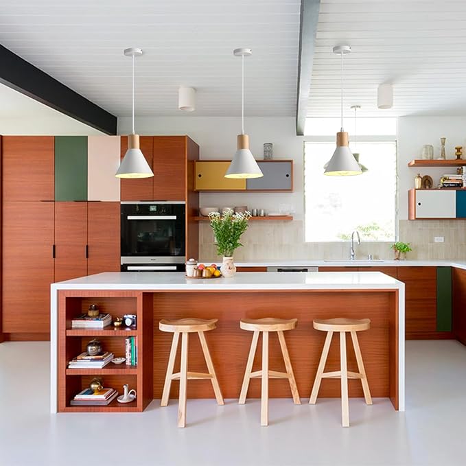 Pendant Lights Kitchen Island, 3 Pack Solid Wood Ceiling Hanging Lamp, Modern Matte White Pendant Lighting for Kitchen Over Island Dining Living Room Bedroom
