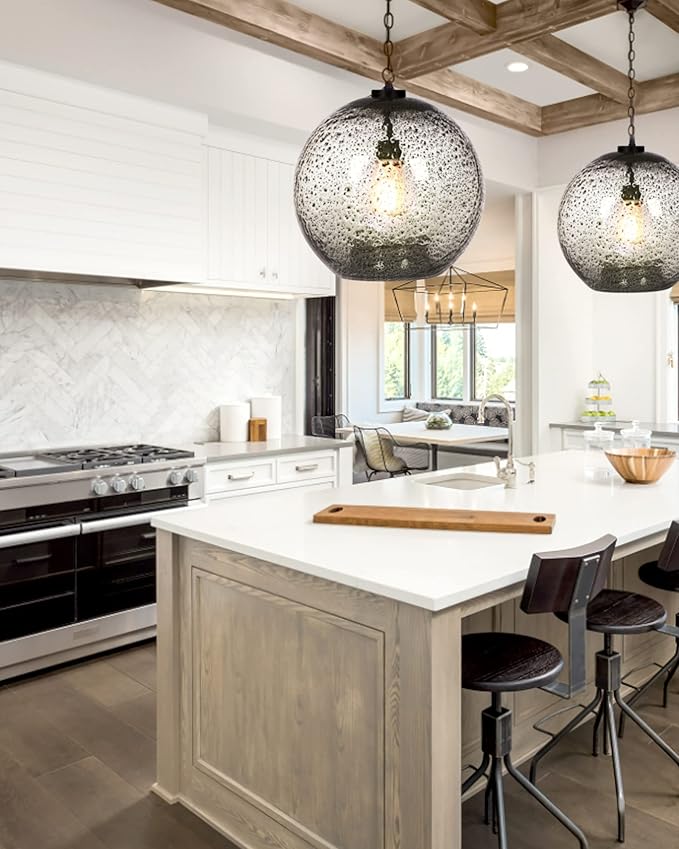 CASAMOTION Pendant Light Fixtures Hand Blown Glass Drop Ceiling Hanging Lighting Rustic Farmhouse Kitchen Island Clear Marble Large Globe Over Dining Room Table Entryway Hallway 15.6 Inch Height