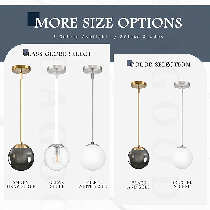 Bagood 6 Inch Globe Pendant Light Nickel Globe Pendant Lights Kitchen Island Mid Century Light Fixture with Hight Clear Glass Contemporary Adjustable Hanging Lights for Dining Room (Bulb Included)