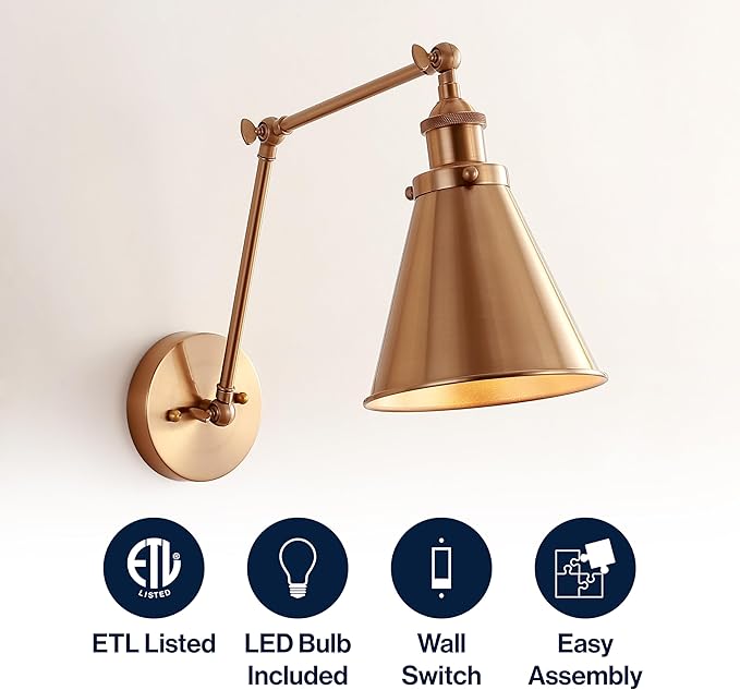 JONATHAN Y 7" Brass Gold Classic Industrial Metal Adjustable Arm LED Wall Sconce for Bedside Reading, Farmhouse Swing Arm Wall Lamp with Metal Shade, Hardwired (JYL7461A)
