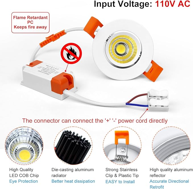 inShareplus 2 Inch LED Downlight, 3W Recessed Lighting COB Dimmable, 5000K Daylight White, CRI80, Ceiling Lights with LED Driver, 12 Pack