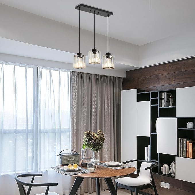 3 Light Pendant Lighting for Kitchen Island, Black Hanging Light Fixture for Ceiling, Farmhouse Dining Room Lights for Bedroom, Hallway, Modern Glass Chandelier, E26 Base, Bulbs Not Included