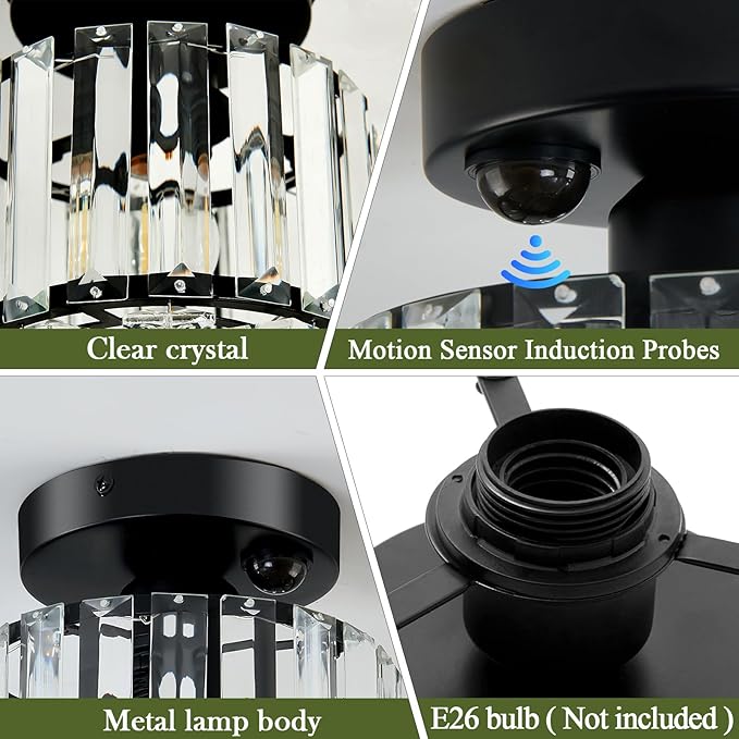 Indoor Motion Sensor Ceiling Light Fixture Modern Small Crystal Semi Flush Mount Ceiling Light Black Mini Round Chandelier for Hallway Closet Entryway Bathroom Kitchen