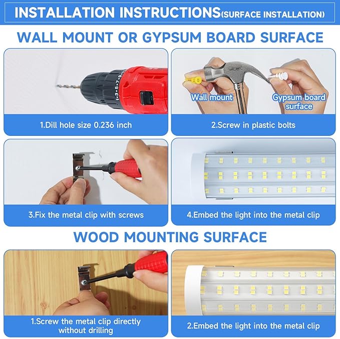 Phiwicsh 8FT U Shape 125W Integrated Tube Bright LED Light, 6500K Clear White, 20000LM - Flush Mount/Hanging Linkable LED Ceiling Lights for Garage, Plug&Play, 6 Pack