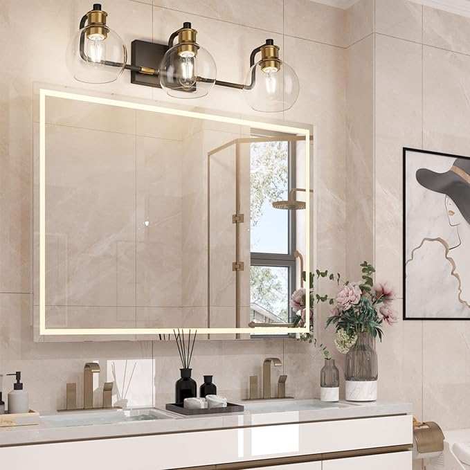 Tipace Black & Gold Vintage Bathroom Vanity Light Fixtures Over Mirror Glass Globe 3 Lights Industrial Vanity Lights Farmhouse Bath Lighting(Exclude Bulb)