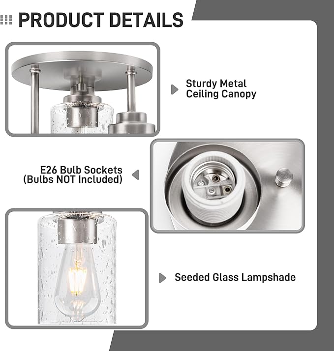 hykolity 3-Light Semi Flush Mount Ceiling Light, 9 Inch Brush Nickel Close to Ceiling Light Fixtures with Seeded Glass Shades, Modern Ceiling Lighting for Kitchen, Bedroom, Entryway, ETL Listed