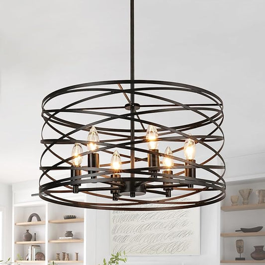 WILON 6-Light Pendant Lights Kitchen Island,19.68'' Spiral Cage Pendant Lights,Adjustable Black Industrial Pendant Light Fixtures Retro Lighting for Kitchen Island, Living Room, Bedroom