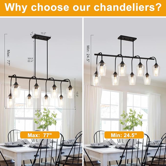 38" Dining Room Light Fixture/Chandelier Over Table, 8-Light Matte Black Kitchen Island Lighting with Clear Glass Shade, Modern Hanging Pendant Lights Fixture for Kitchen Island, Dining Room, Bar