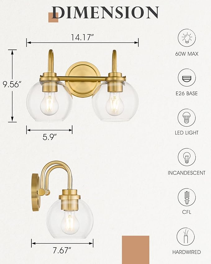 Bathroom Light Fixtures, 2-Light Brushed Gold Vanity Lights with Globe Clear Glass, Champagne Bronze Vanity Lighting Fixtures Over Mirror, AD-22280-2W-GD