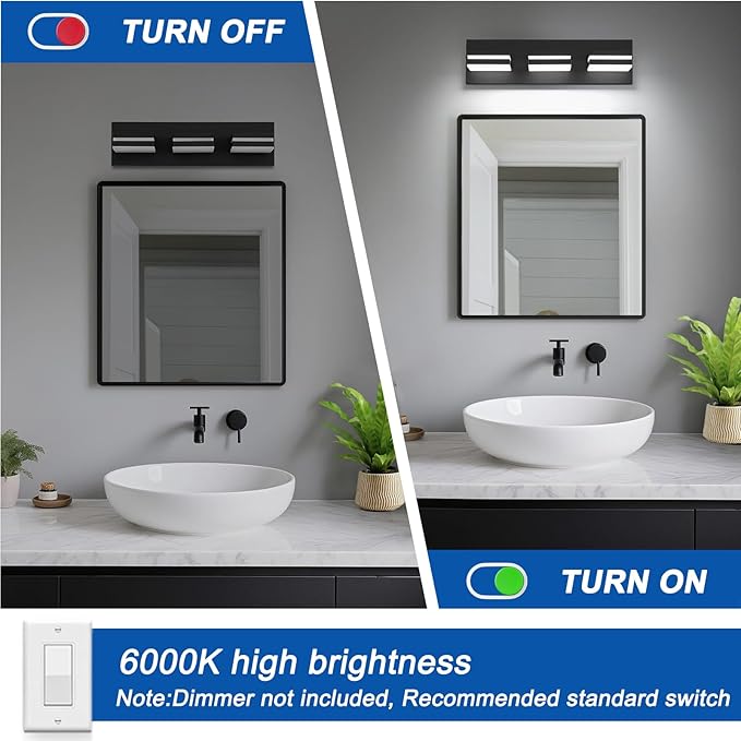 IZORRO LED Modern Bathroom Lights Fixtures(3-Light,Dimmable,360°Rotate),Matte Black Acrylic Wall Lighting,Vanity Lights for Bathroom Over Mirror - 6000k 16In （No Assembly Required）
