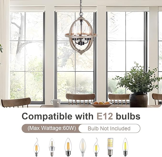 Farmhouse Chandelier, 14" Industrial Rustic Globe Sphere Orb Chandelier Wood Grain, 3-Light for Dining Room Entryway Kitchen Island Foyer