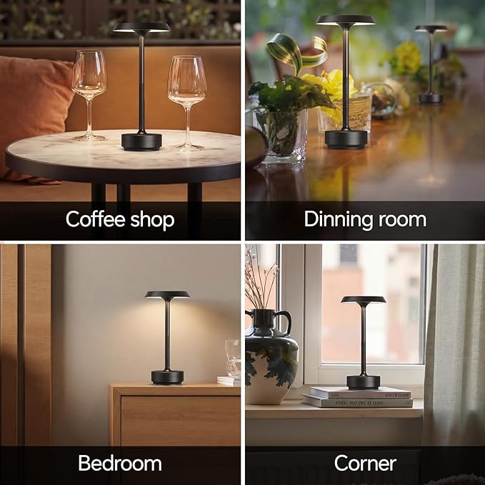 Mevnxi Cordless Table Lamp, Portable LED Desk Lamp, 5000mAh Battery Operated, 3 Color Stepless Dimming Up, for Restaurant/Bedroom/Bars/Outdoor Party/Camping/Coffee Shop Atmosphere Night Light(Black)