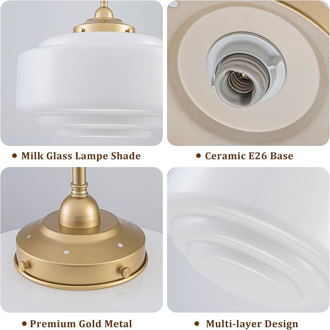 Milk Glass Pendant Light 14” Mid Century Modern Pendant Lighting Fixture With Gold Metal Vintage Schoolhouse Chandelier For Dining Room Kitchen Island Living Room Bedroom, Adjustable Height (E26)