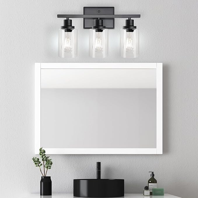 Ascher Bathroom Vanity Light Fixtures, 3 Light Wall Sconces Lighting with Clear Glass Shade, Black Wall Lights for Mirror, Kitchen, Living Room, Gallery, Hallway, E26 Base (Bulbs Not Included)